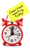 image of an red alarm clock with a sticker note that reads important meeting today